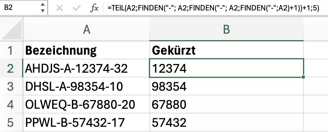 Kombination von Excel FINDEN und TEIL