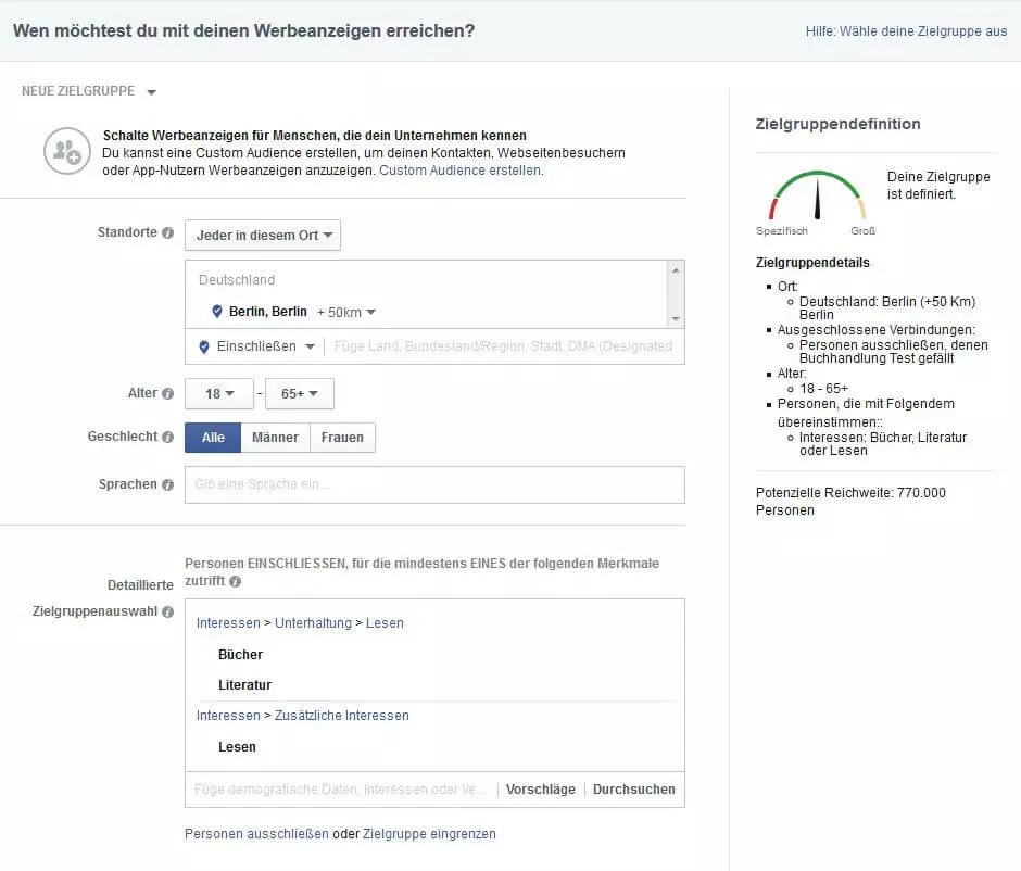 Zielgruppedefinition für die Erstellung der Facebook-Werbeanzeigen