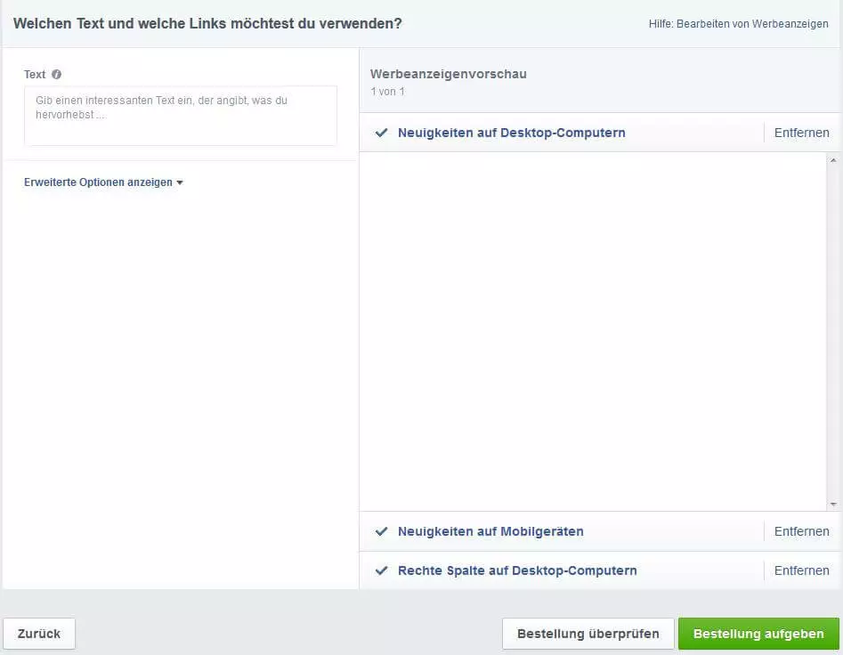 Auswahl der passenden Texte und Links für eine Facebook-Werbeanzeige