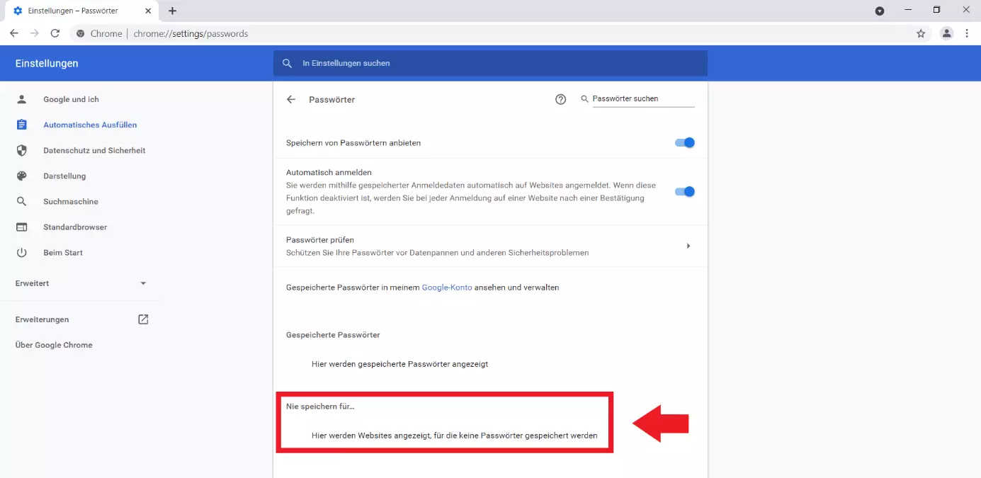 Google Chrome: Menü „Passwörter“, Option „Nie speichern für...“