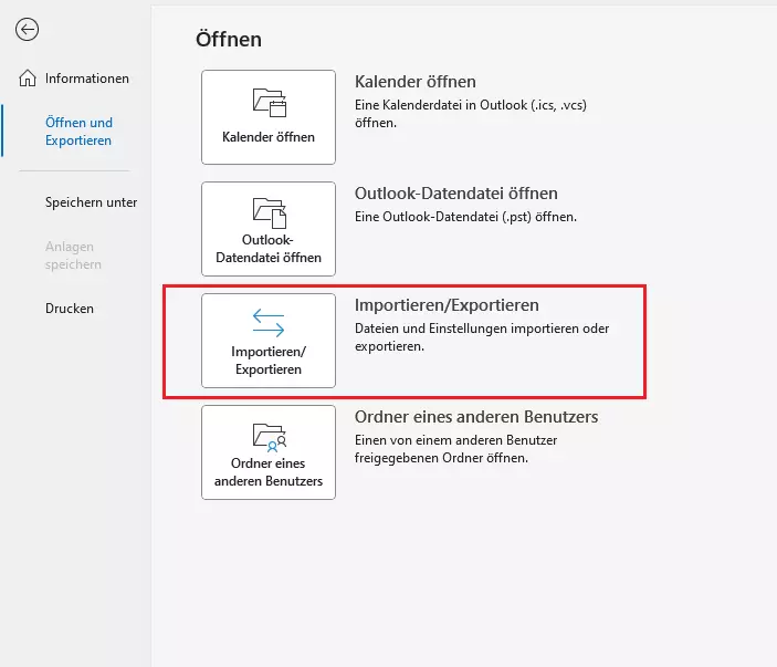 Outlook-Menü „Öffnen“ unter „Datei“ > „Öffnen und Exportieren“