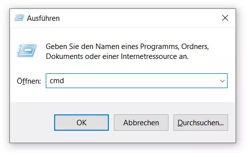 Ausführen-Dialog mit Eingabeaufforderung „cmd“