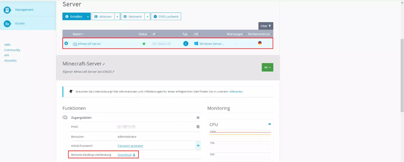 IONOS Cloud Panel: Server-Auswahl