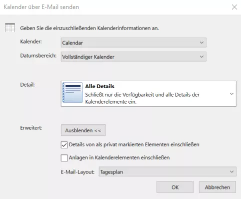 Outlook: Erweiterte Optionen im Dialogfenster „Kalender über E-Mail senden“