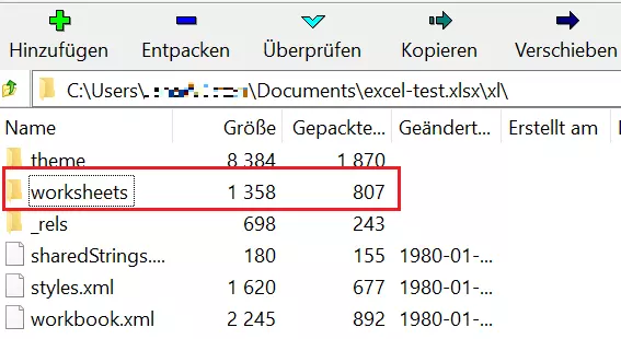 Abbildung der Excel-Datei, Verzeichnis „xl“, geöffnet im Programm 7-Zip