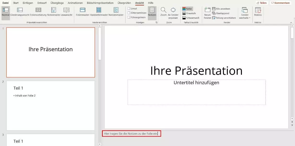 PowerPoint: Notizen einfügen für Beispiel-Folie