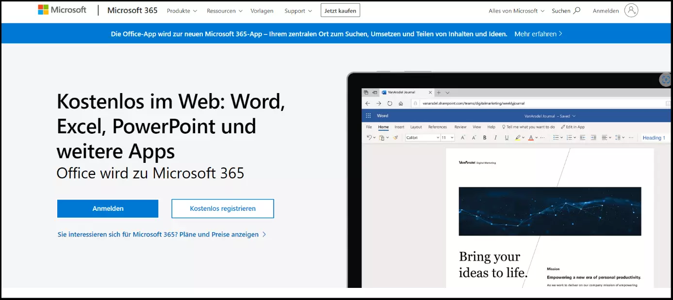 Web-Anmeldeseite der Office-Dienste Word, Excel und PowerPoint