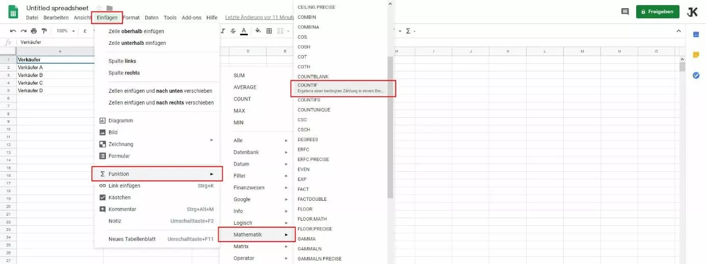 Einfügen von ZÄHLENWENN in Google Sheets über das Menü