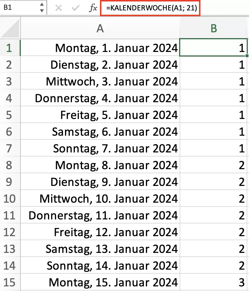 Excel:KALENDERWOCHE-Formel