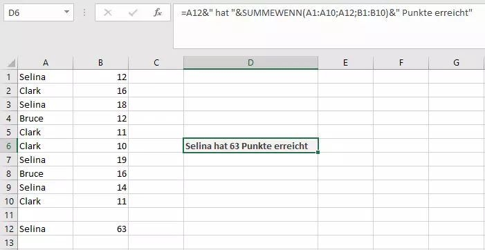 Kombination aus VERKETTEN und SUMMEWENN in einer Excel-Tabelle