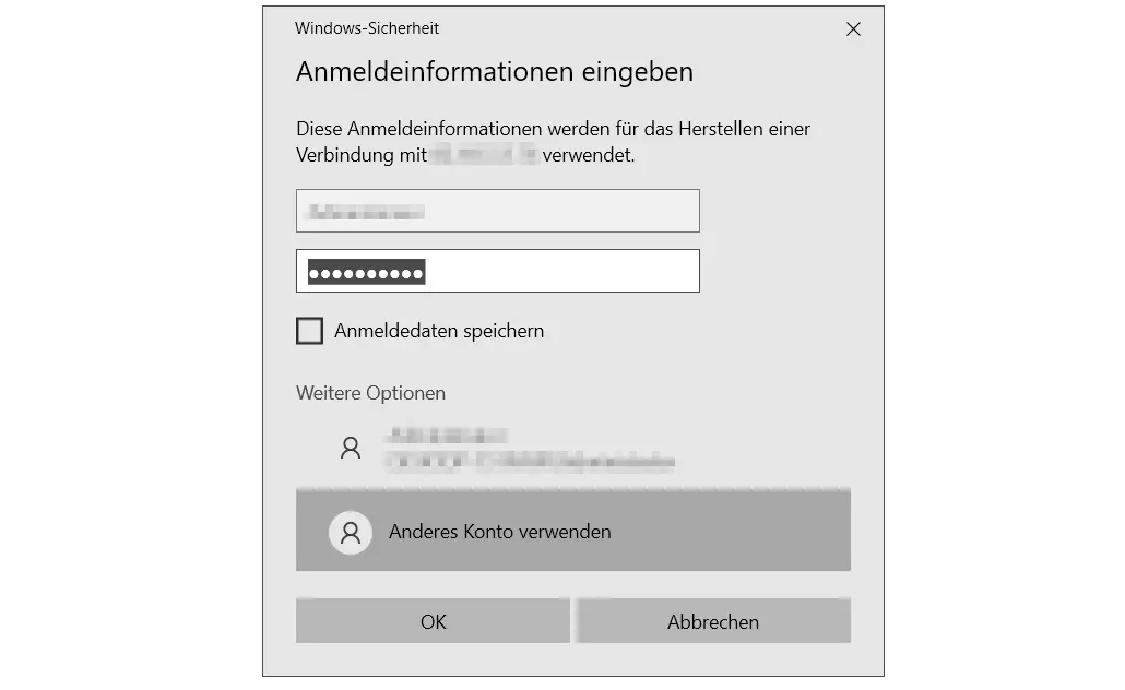 Windows-Remote-Verbindung: Anmeldeinformationen eingeben