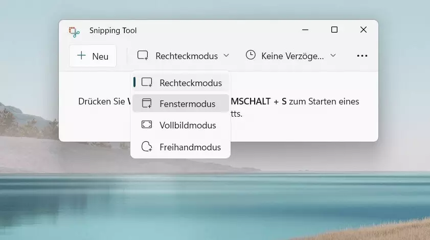 Auswahlmenü des Snipping Tools