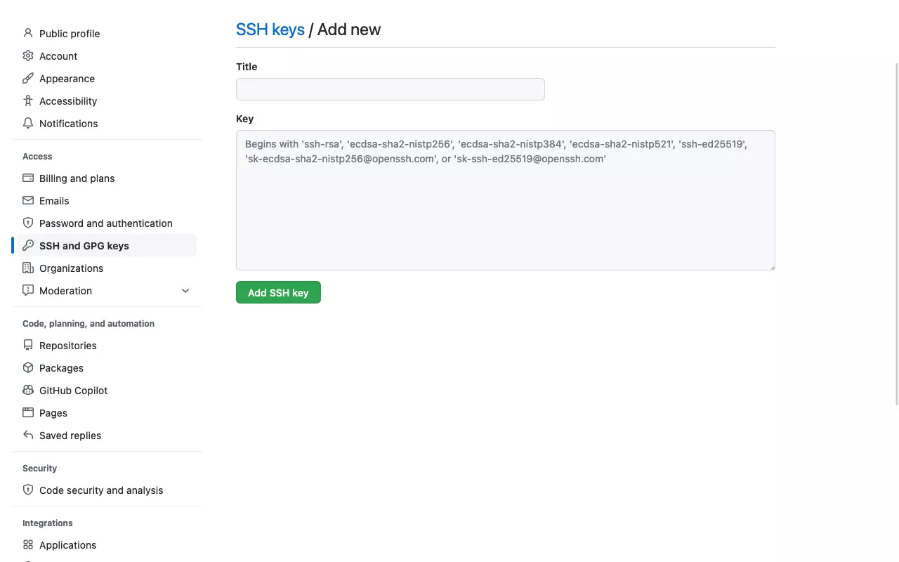 GitHub-Einstellung zum Hinzufügen eines SSH-Schlüssels