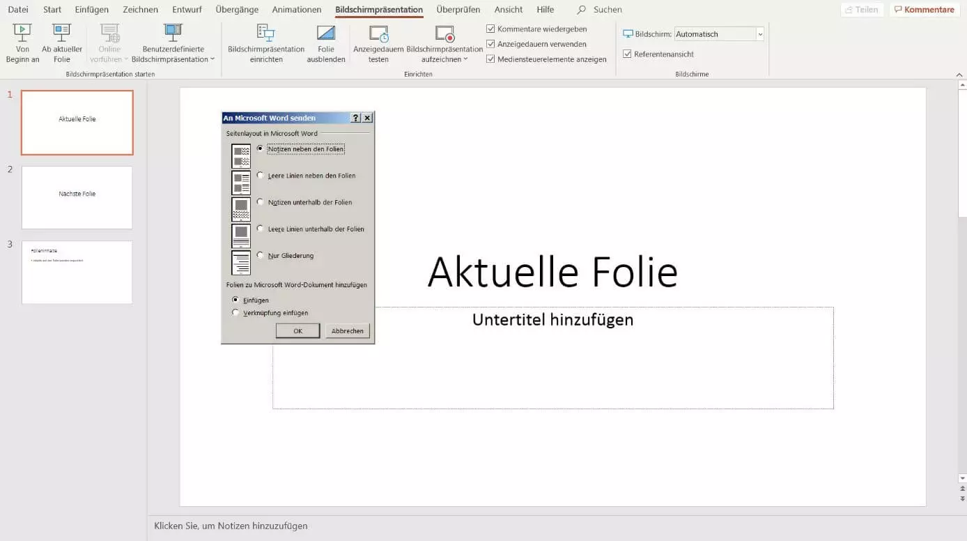 Menüfenster „An Microsoft Word senden“