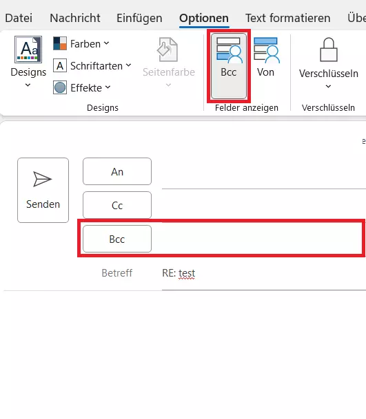 Outlook: Die Schaltfläche „Bcc“ auf der Registerkarte „Nachricht“