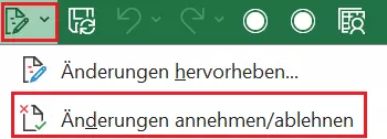 Excel-Menü „Änderungen annehmen/ablehnen“