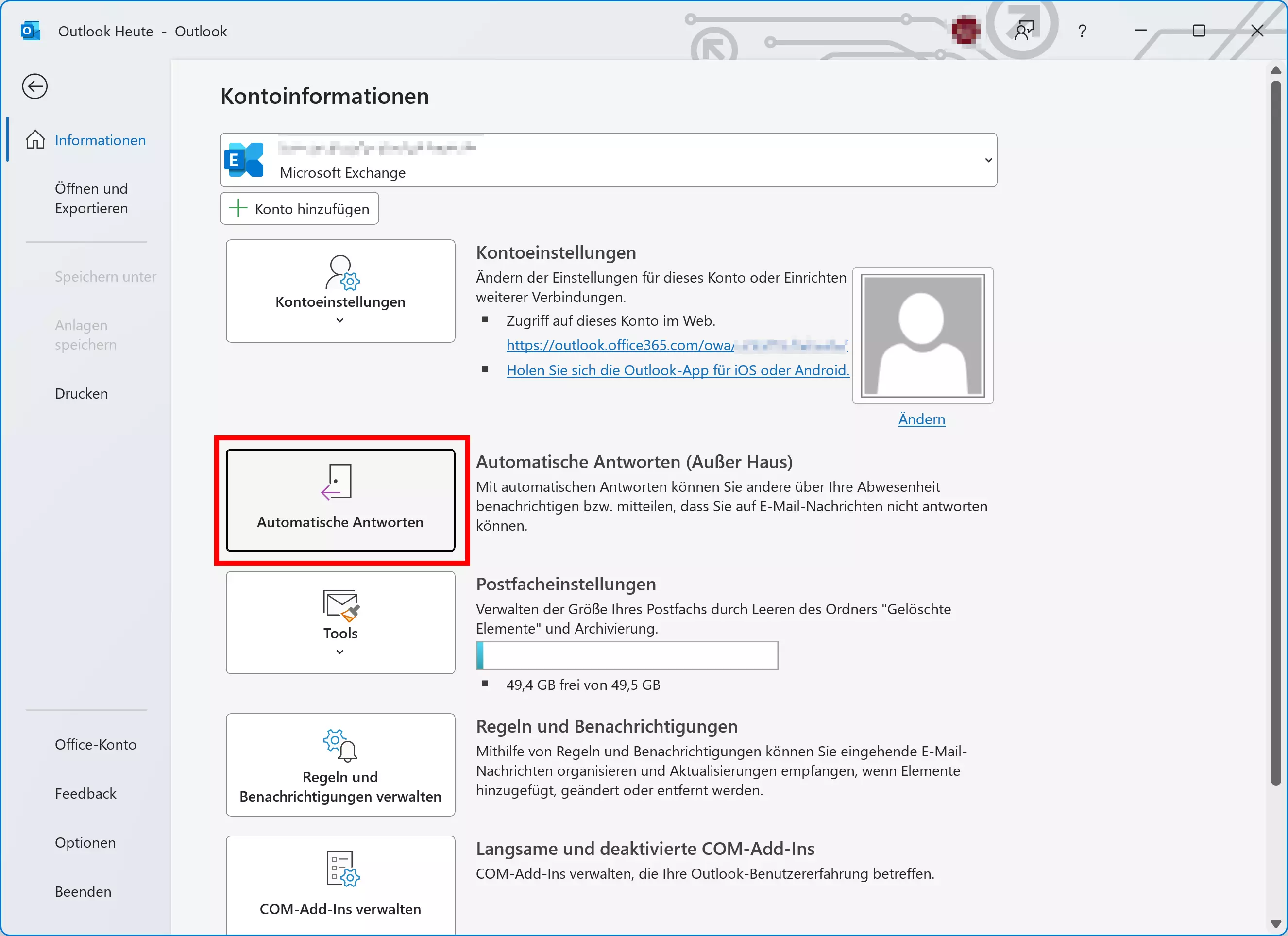 Screenshot der Kontoinformationen in Outlook