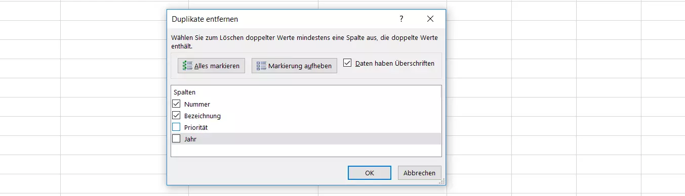 Dialogfenster „Duplikate entfernen“ in Excel 2016