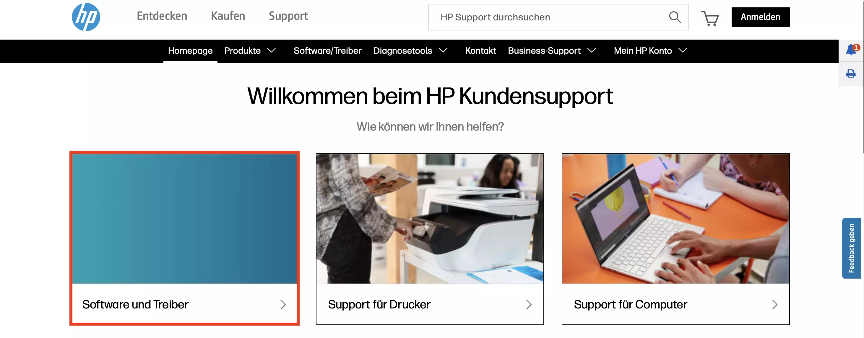 HP-Website: Software und Treiber