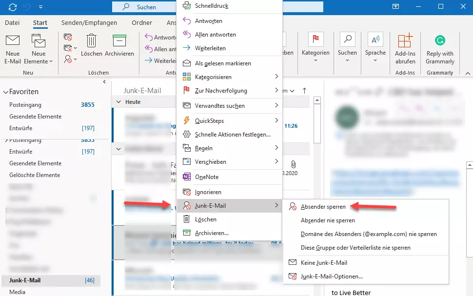 Junk-E-Mail-Menü in Outlook