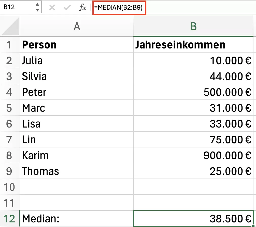 Excel: Median berechnen bei gerader Anzahl an Werten