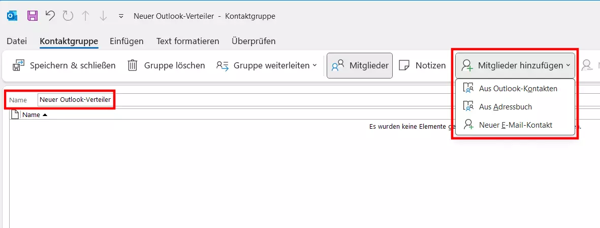 Outlook-Verteiler: Mitglieder hinzufügen