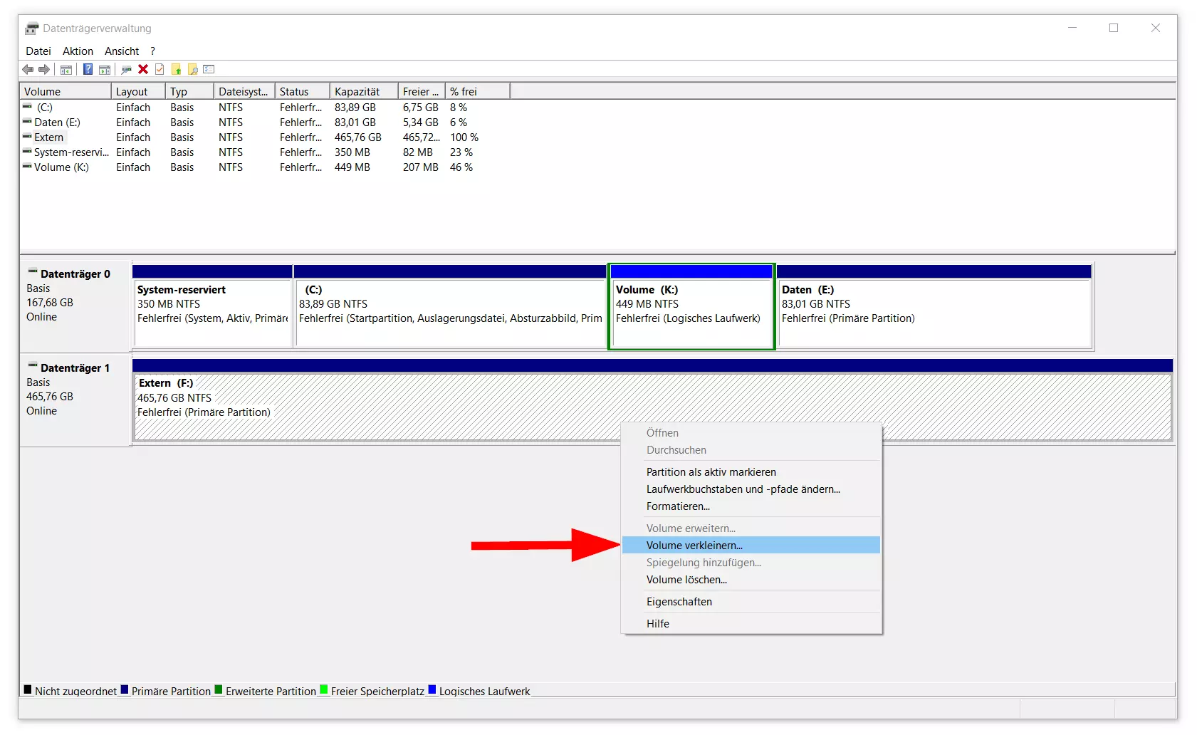 Standardansicht der Datenträgerverwaltung unter Windows 10