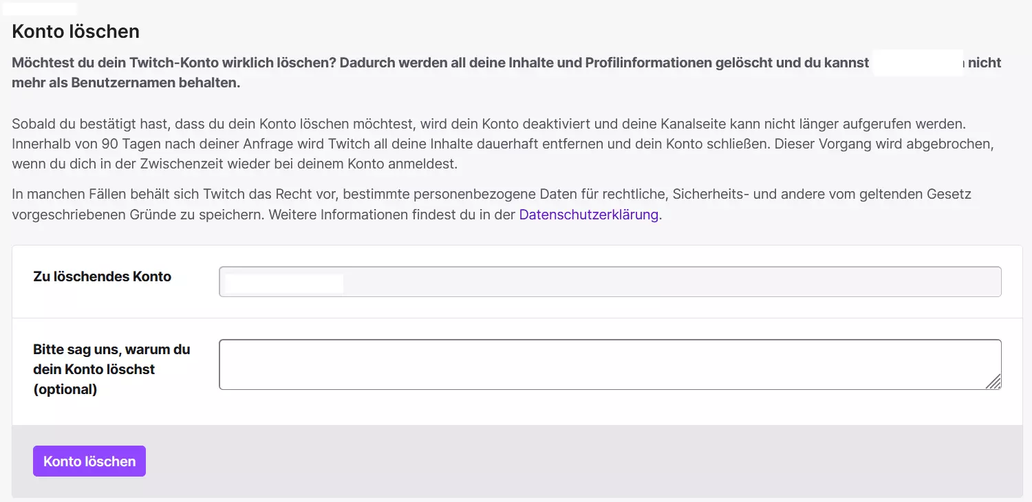 Dialog, um den Twitch-Account zu löschen