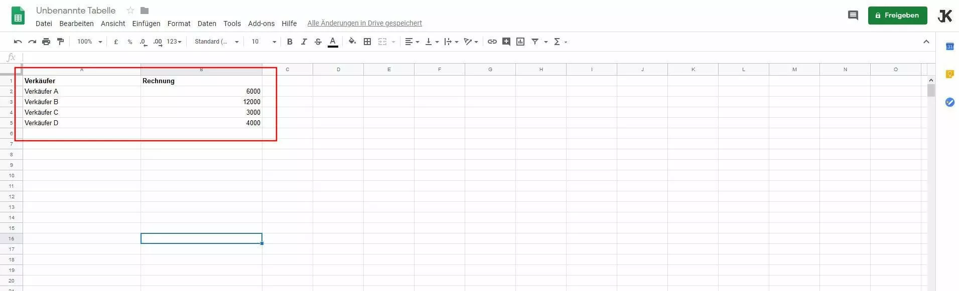 Beispiel-Daten in Google Sheets