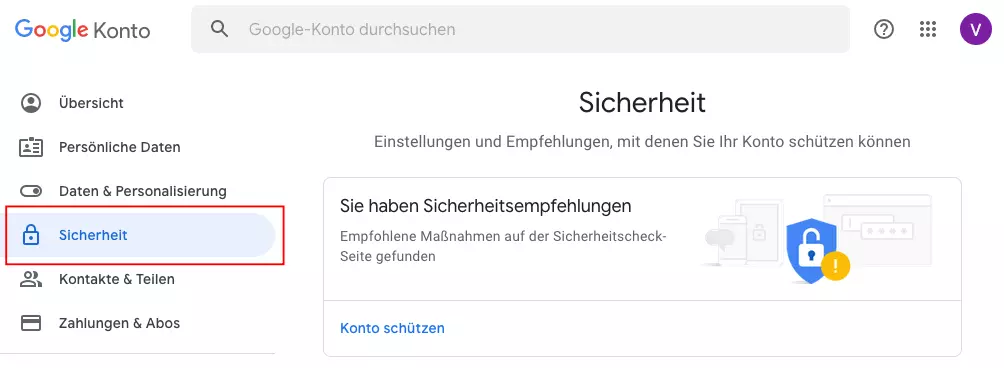 Google-Konto, Punkt Sicherheit