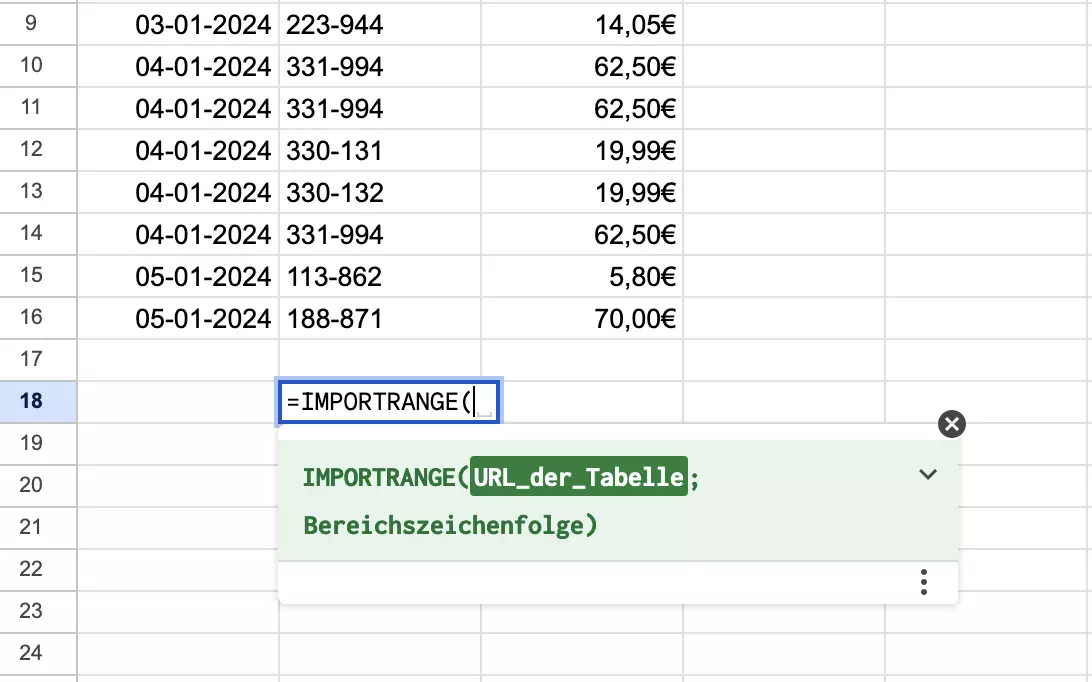 Screenshot der Funktion IMPORTRANGE