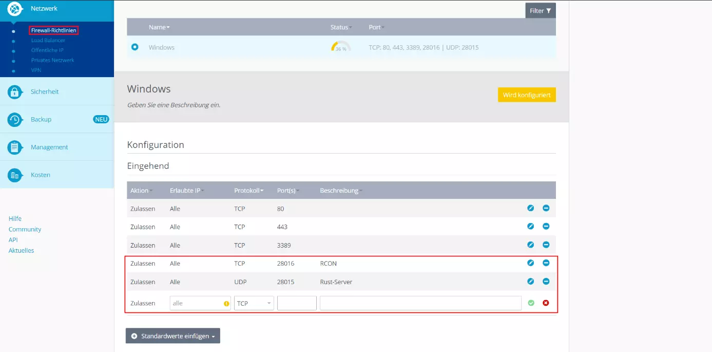 Port-Freigabe im IONOS Cloud Panel