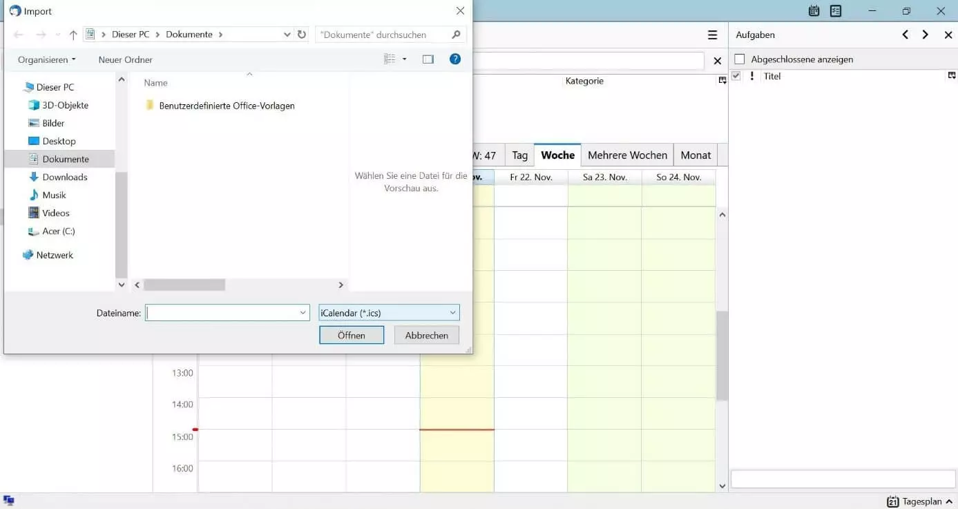 Im neuen Fenster des Thunderbird-Kalenders die gewünschte ICS-Datei auswählen