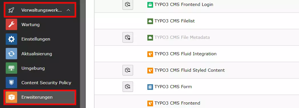 TYPO3-Backend: Erweiterungen-Menü