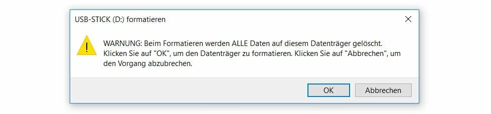 Warnhinweis in Windows 10: Datenlöschung beim USB-Stick formatieren