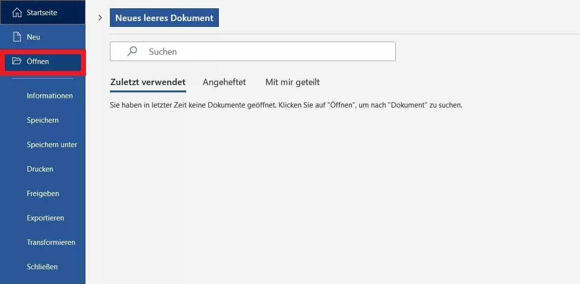 „Öffnen“ in Word-Registerkarte „Datei“