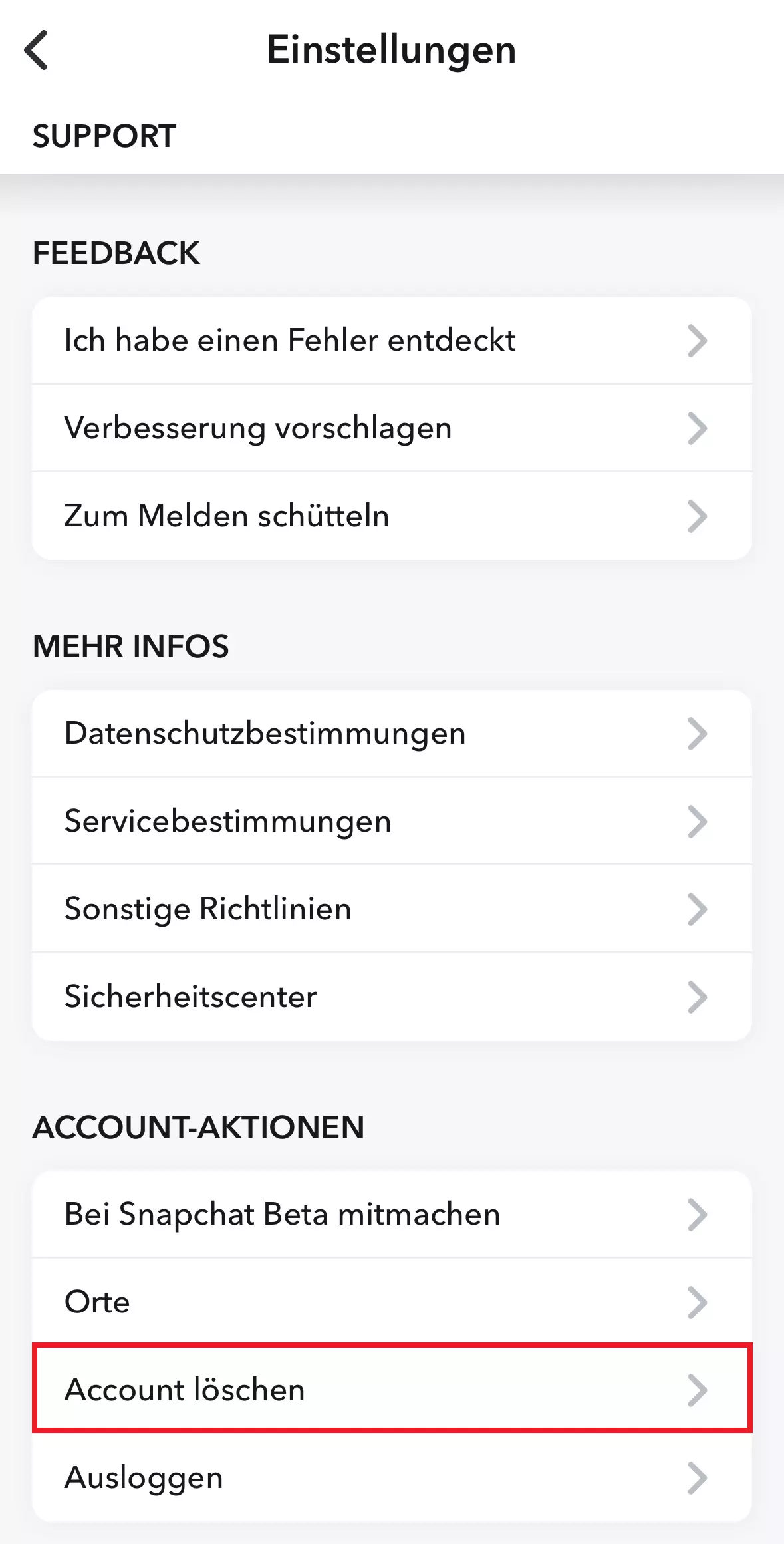 Account-Aktionen in den Einstellungen der Snapchat-App