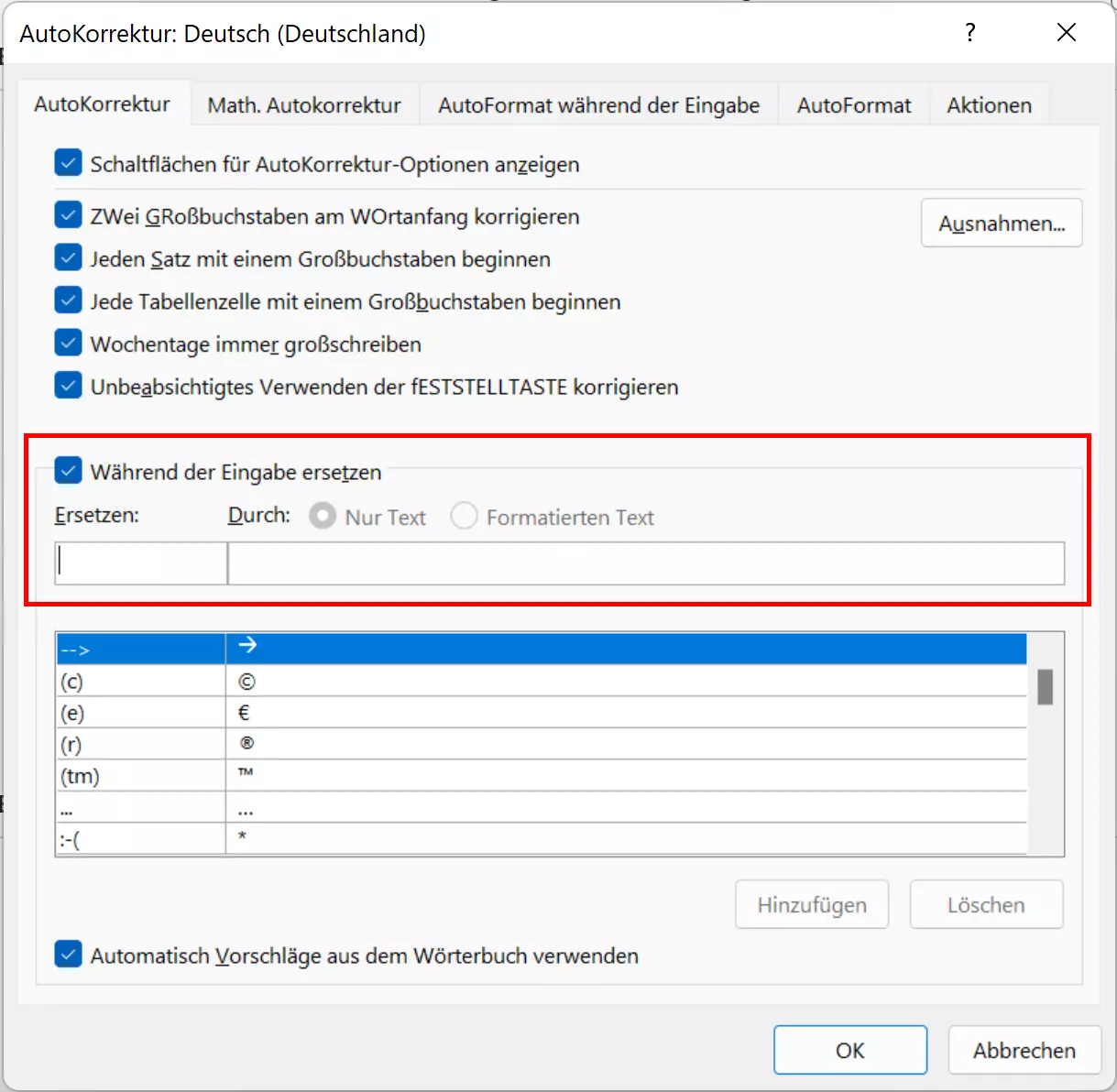 Outlook für Windows: AutoKorrektur-Optionen