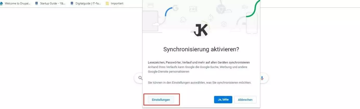 Chrome-Anmeldedialog „Synchronisierung aktivieren?“