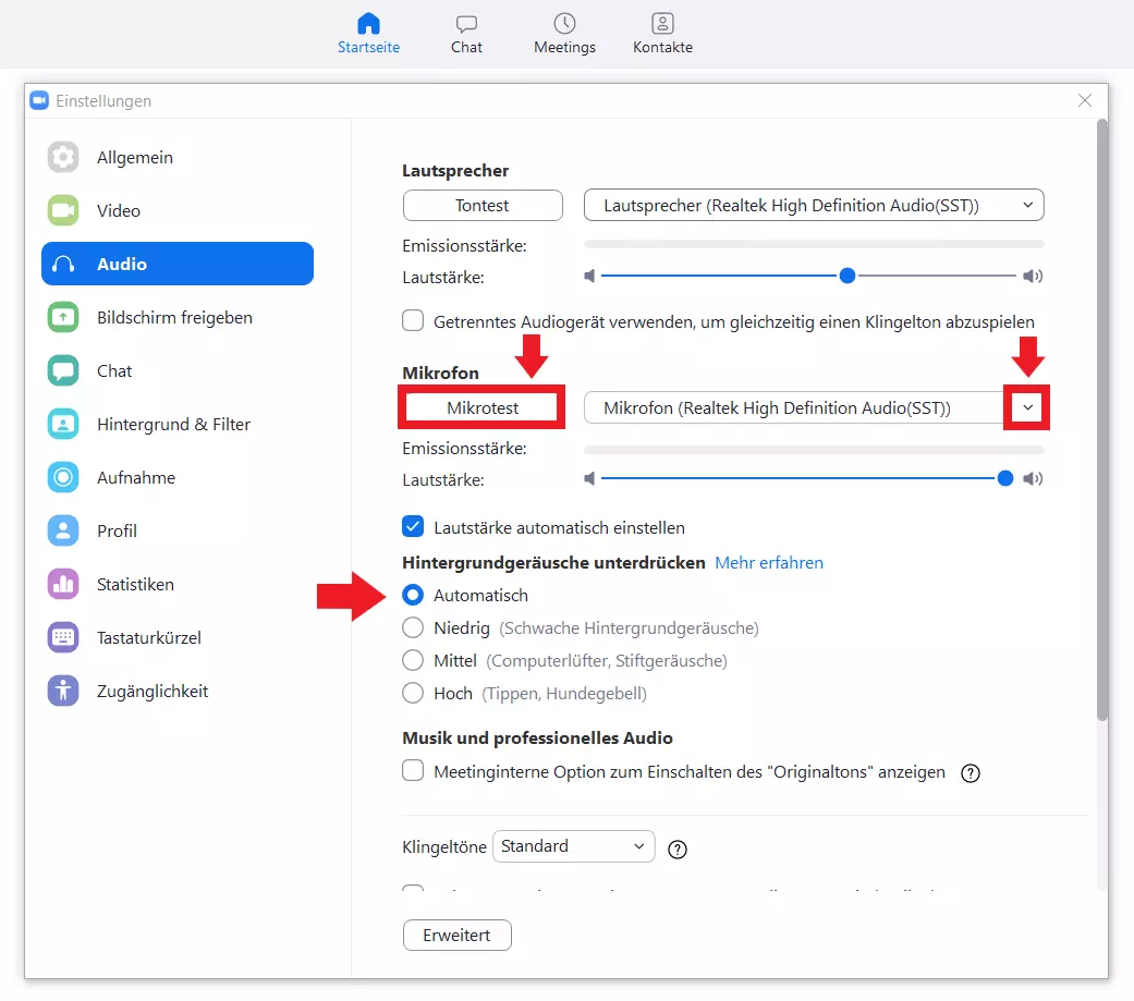 Testmöglichkeit der Mikrofonfunktionalität in Audio-Einstellungen von Zoom