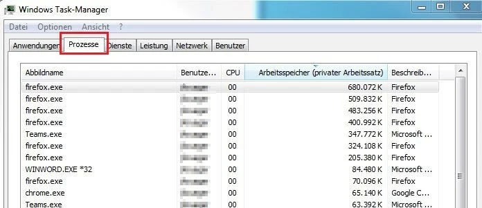 Windows Task-Manager: Auflistung aktiver Prozesse