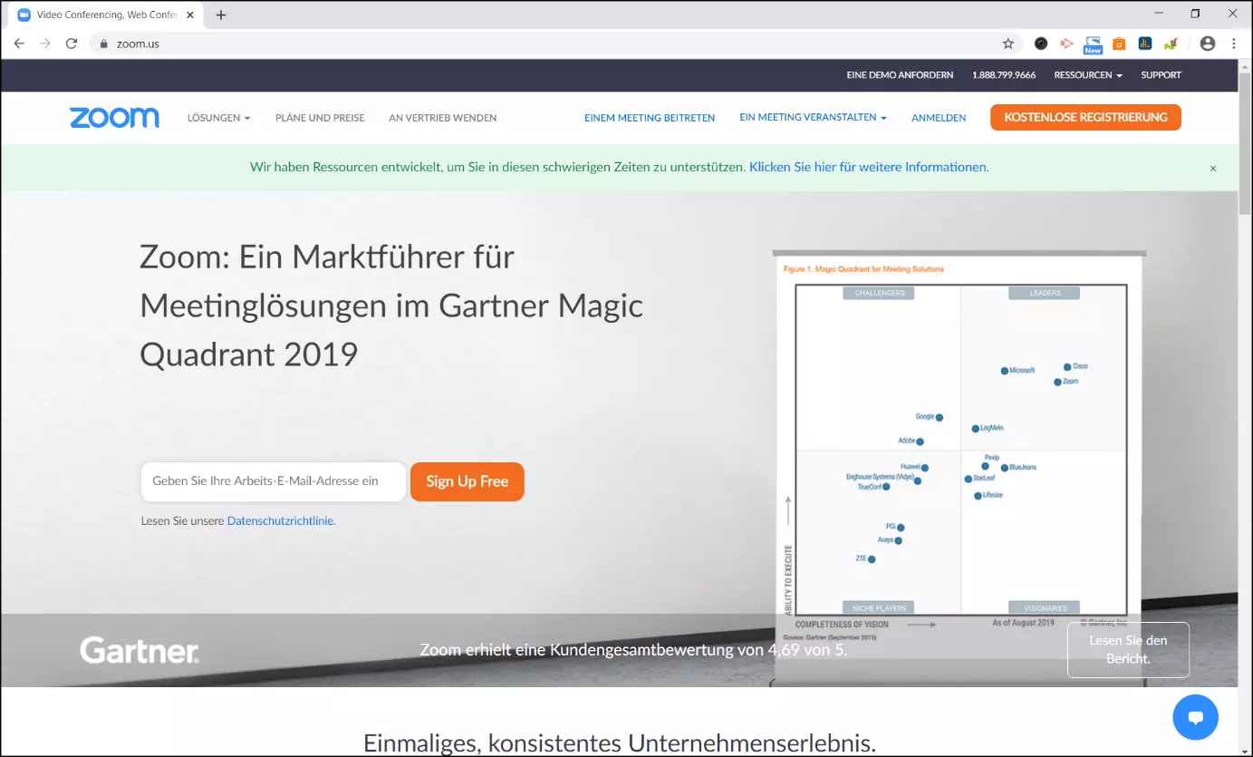 Website des Videotelefonie-Anbieters Zoom