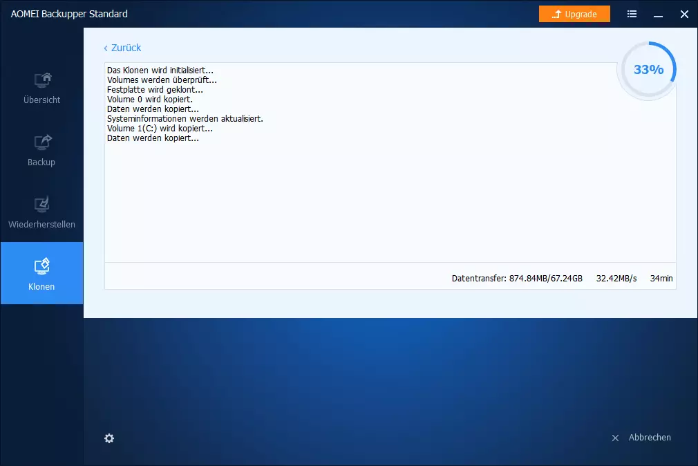 AOMEI Backupper Standard: Detail-Anzeige beim Klonen einer Festplatte