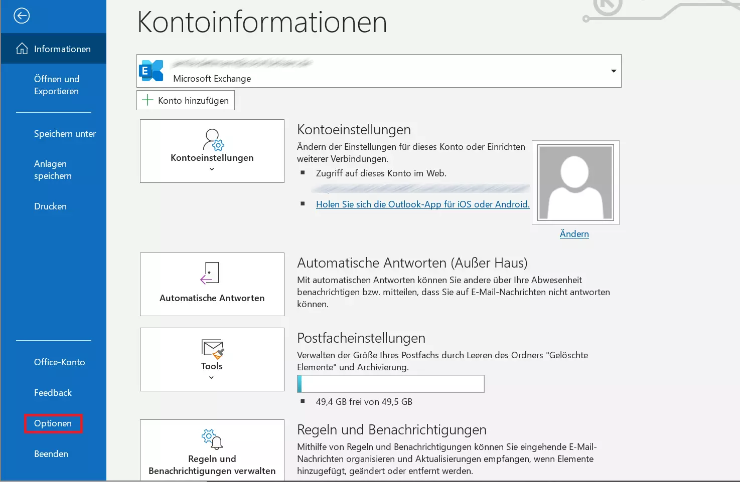 Einstellungsmenü von Outlook