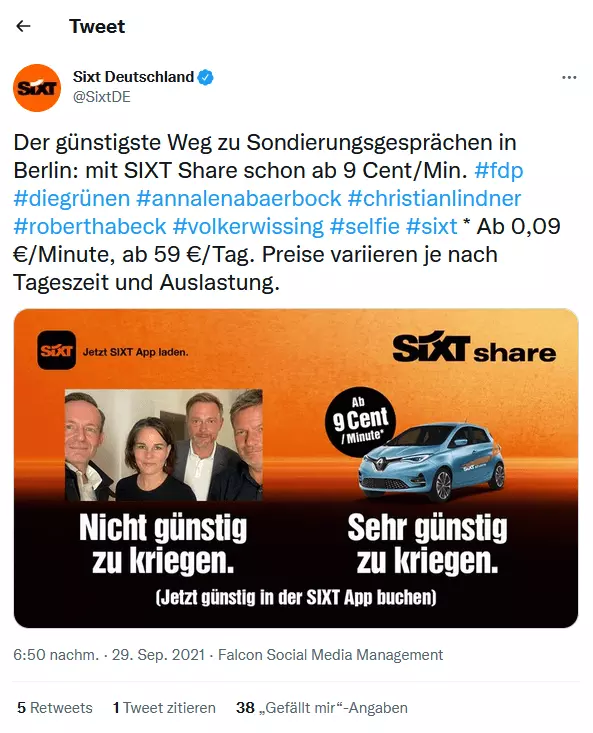 Twitter-Screenshot eines Sixt-Memes mit einem Politikerselfie