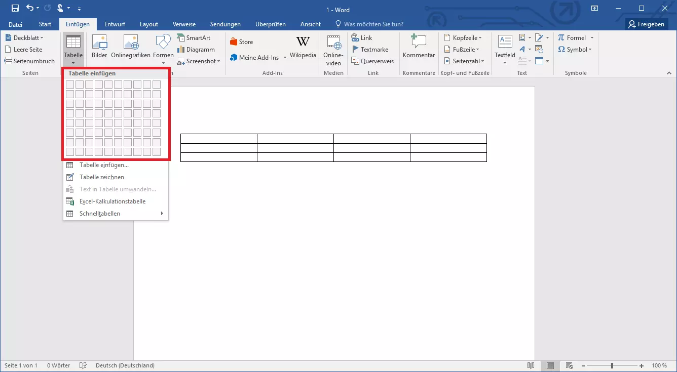 Einfügen-Option, um mit dem Mauszeiger in Word eine Tabelle zu erstellen