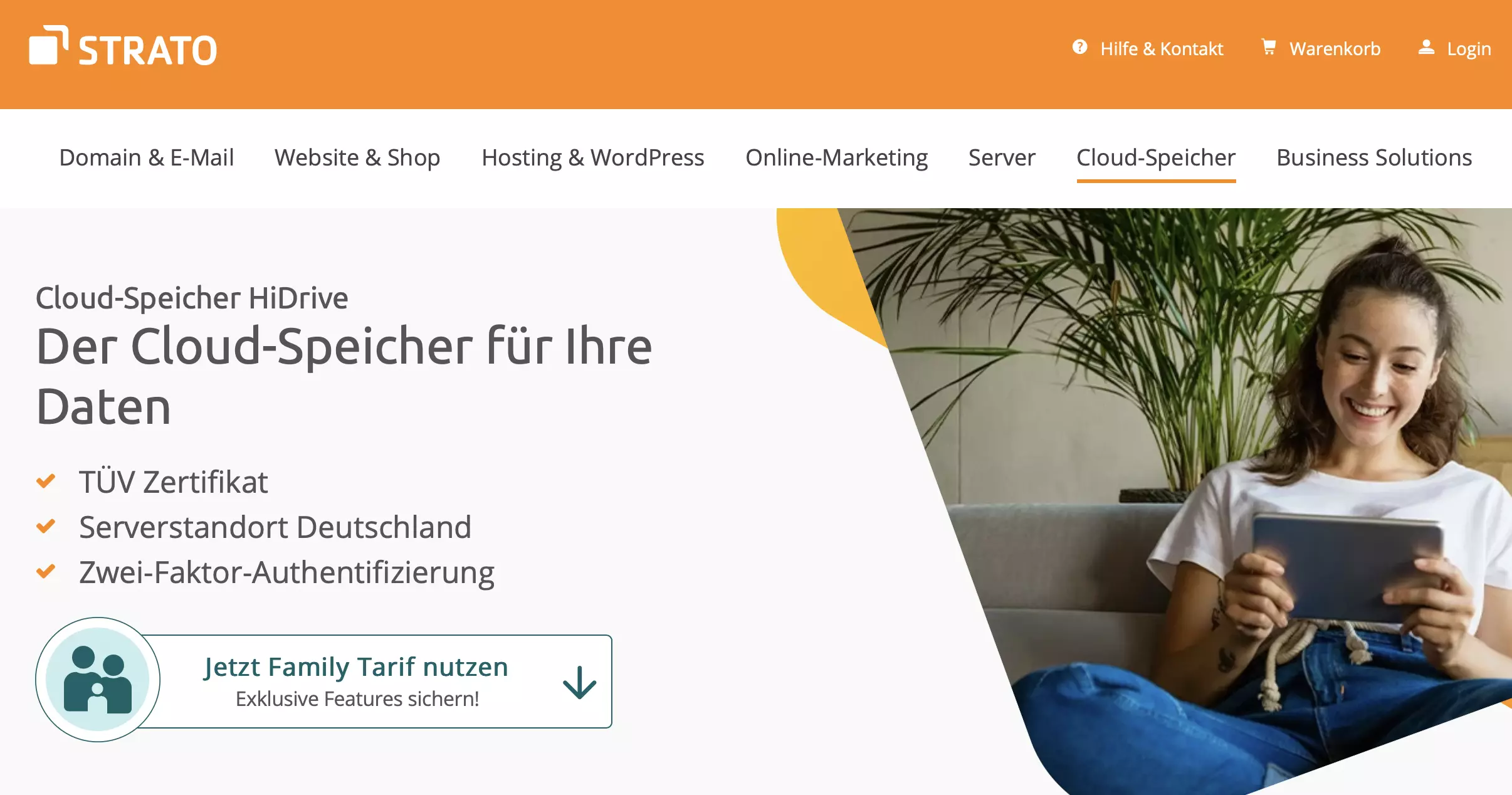 Die Homepage des deutschen Cloud-Speichers HiDrive STRATO