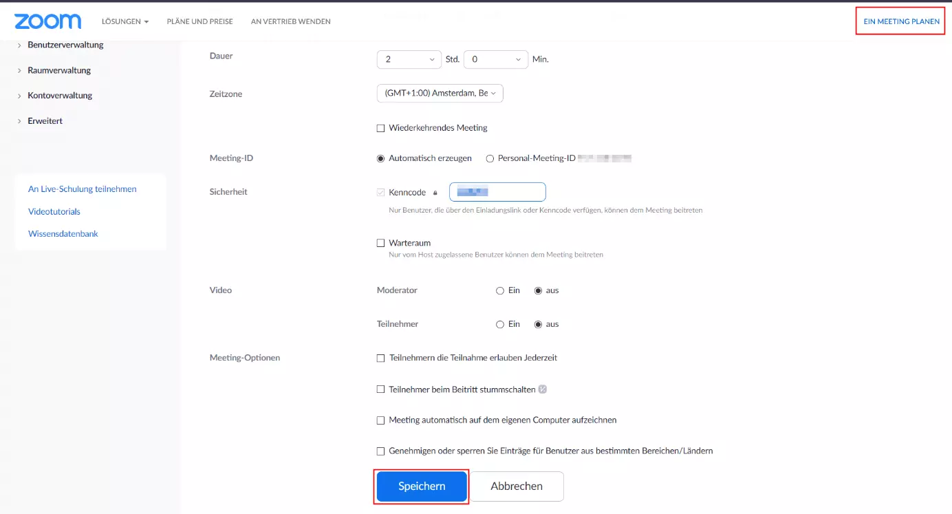 Zoom-Webanwendung: Meeting planen