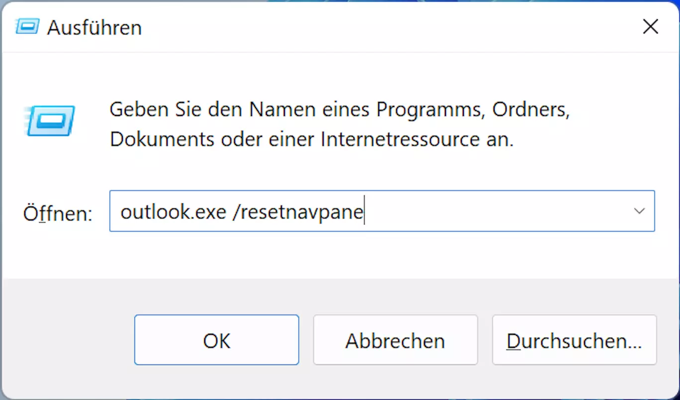 Dialogfeld “Ausführen” mit Befehl outlook.exe /resetnavpane