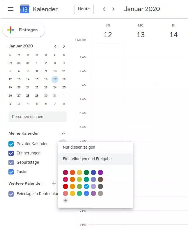 „Meine Kalender“ zur Freigabe auswählen